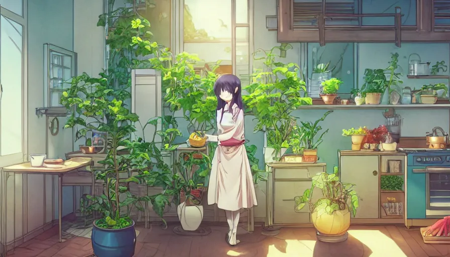 Prompt: a woman standing in a kitchen next to a plant that contains a small and thriving city, a storybook illustration by kiyohara tama, pixiv contest winner, magic realism, pixiv, official art, anime aesthetic