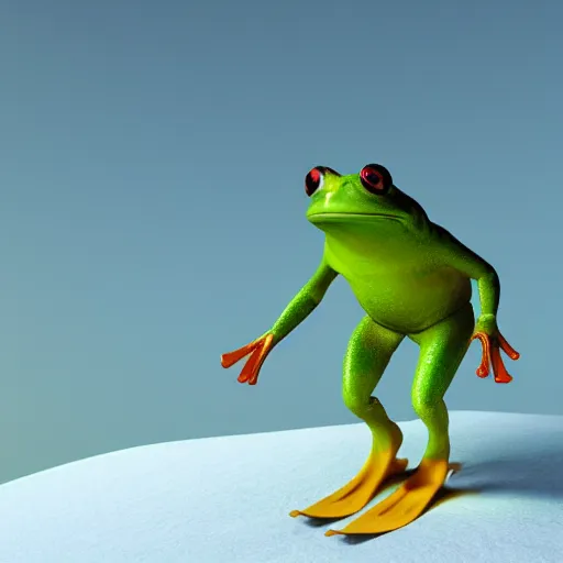 Image similar to 3 d octane render of a man dressed like a frog skiing down a snowy mountain