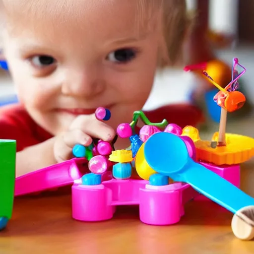 Prompt: “ a group of tinker toys seated around a toy table eating toy food”