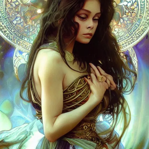 Image similar to beautiful young ornella muti, closeup, d & d, fantasy, intricate, elegant, highly detailed, digital painting, artstation, sharp focus, fantasy art, beautiful, illustration, art by artgerm and greg rutkowski and alphonse mucha