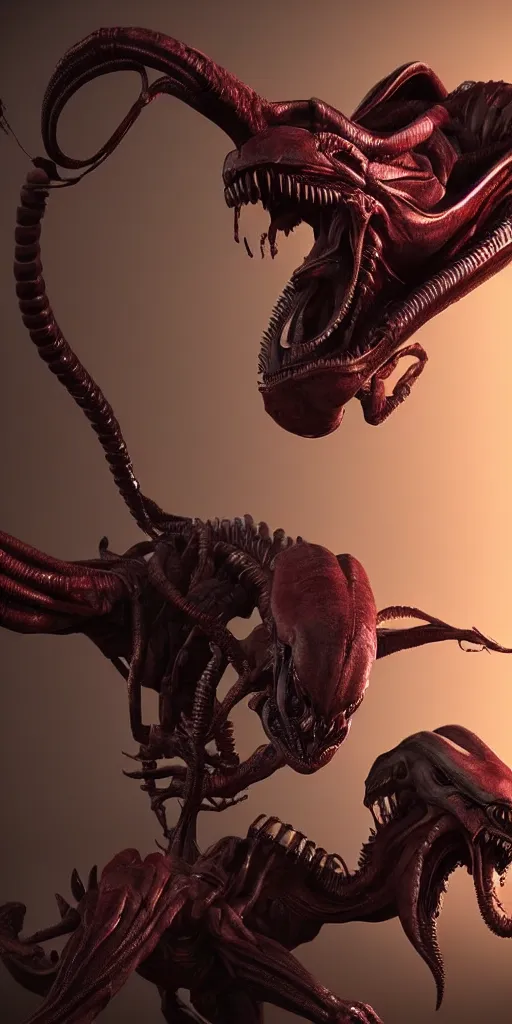 Prompt: baby predator and baby xenomorph, 3 d rendered, 3 d rendering, dramatic lighting, unreal engine