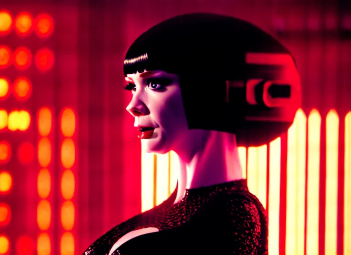 Image similar to filmstill of christina hendricks in bladerunner wearing a cyberpunk costume, 1 0 0 mm lens, canon eos, red cinema camera, frontal view, dynamic pose, intricate, elegant, highly detailed, centered, redshift, octane, smooth, sharp focus, zeiss lens,