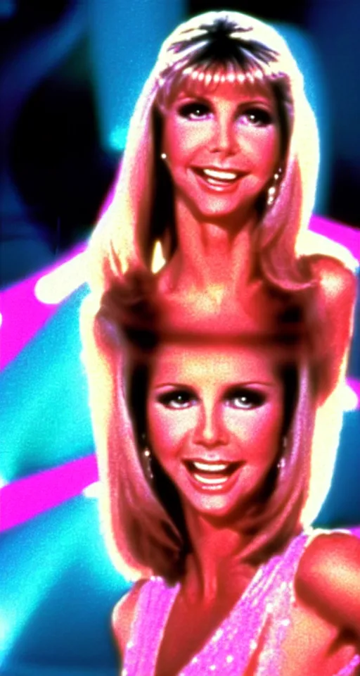 Image similar to Olivia Newton John in the movie Xanadu ascending to neon heavens, sparkle in the background