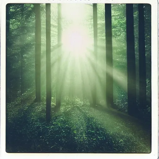 Image similar to atmospheric Polaroid photograph of a forest, sun shining through the leaves