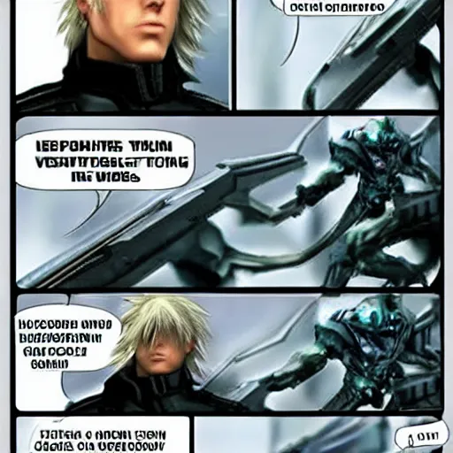 Prompt: monsoon from the metal gear rising video game, looking at memes on a computer