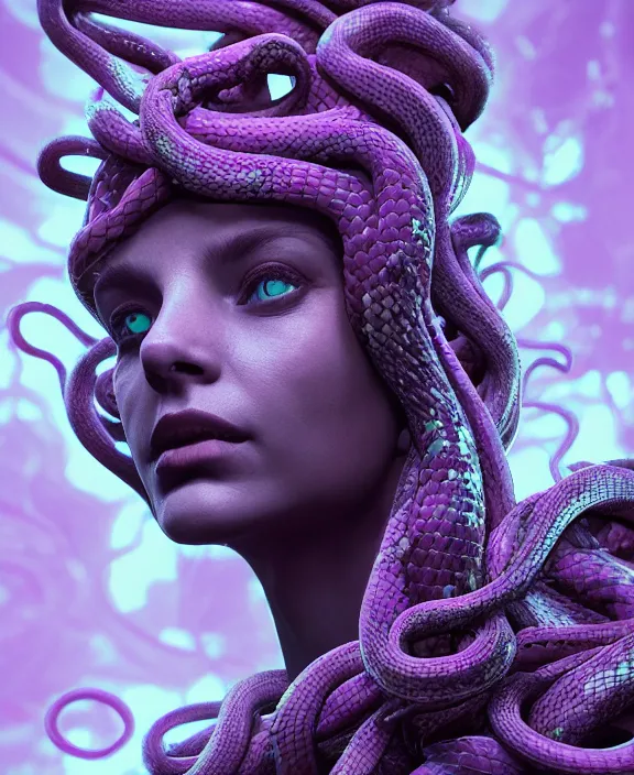 Prompt: beautiful medusa head highly detailed snakes, cosmic horror, abstract, ghostly, arcade, duotone, poltergeist, epic lighting, intricate, elegant, highly detailed, smooth, sharp focus, photo real, ultra realistic, unreal engine 5, raytracing, in the style of beeple and mike winkelmann, ultraviolet colors