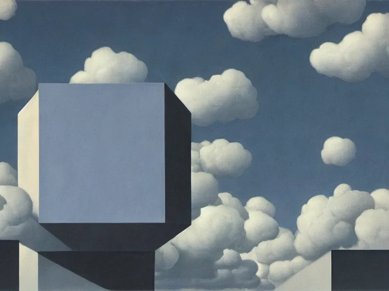 Image similar to hypercube in front of a cloudy sky and black floor painting by rene magritte, high detail, high resolution