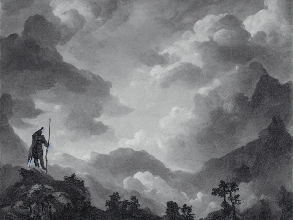 Image similar to a man in a grey cloak and brimmed hat with a staff travelling trough the forest and mountains looking at the clouds in the style of neo-romanticism