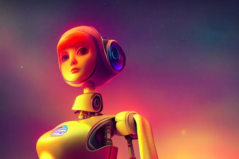 Image similar to a beautiful calm robot girl looking up to the stars, photograph, colorful background, render, 3 d, render, 8 k, 4 d,