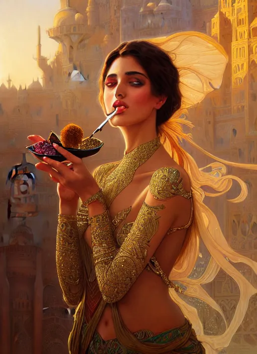 Image similar to a young arabian lady smoking herbs at a desert spice market, shiny, fantasy, intricate, elegant, hyper detailed, ultra definition, photoreal, artstation, unreal engine rendered, concept art, smooth, sharp focus, illustration, art by artgerm and greg rutkowski and alphonse mucha and garis edelweiss