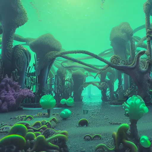 Image similar to a very beautiful lovecraftian ruined world underwater with ultra realist waves curiosities carnival, symmetry accurate features, focus, very intricate ultrafine details, green purple aqua volumetric lights, award winning masterpiece, octane render 8 k hd