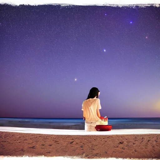 Prompt: isha under a starry sky on a sea beach with a cola