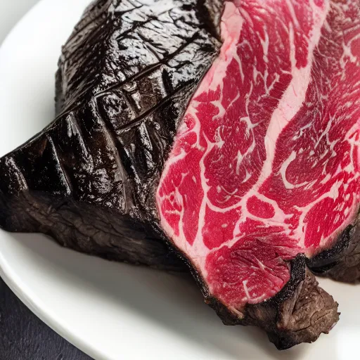 Prompt: skull plate wagyu steak perfect sear macro gourmet food photography