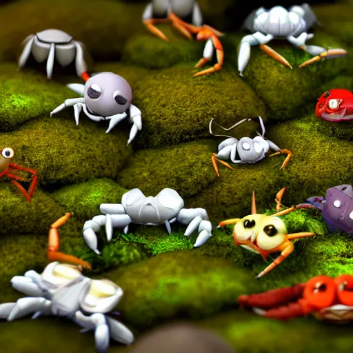 Prompt: large group of crabs and worms, crawling along a bed of moss, low poly, creeper world, handcrafted, artstation, hyperrealistic, hard light, best practices, creeptastic, photorealism, macro perspective, cuddly, Voidless of the Festival!