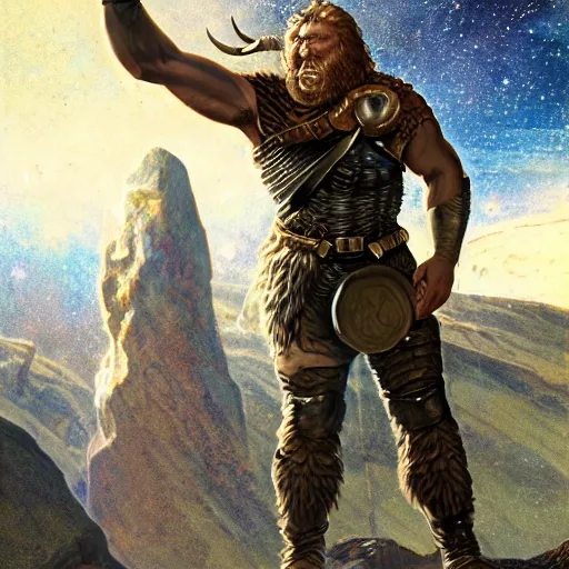 Prompt: photoreal full body of a hulking viking warrior in scifi armour on a rocky planet, nebula milky way background, by norman rockwell and boris vallejo, artstation, concept character art