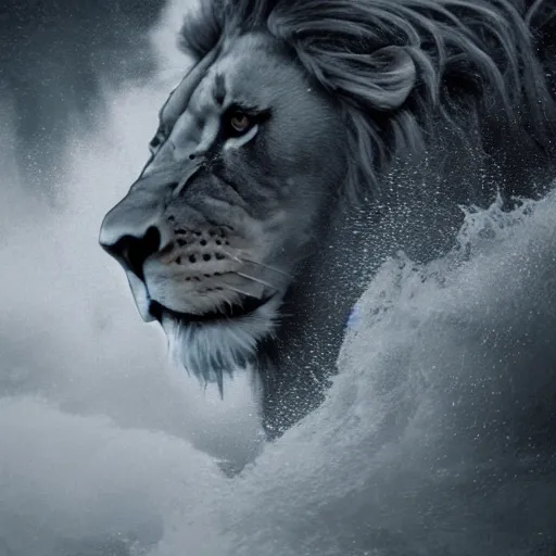 Image similar to a male lion's face breaching through a wave, stormy weather, ocean sprites, closeup of face, trending on artstation, dark lighting, face encircled by ocean wave