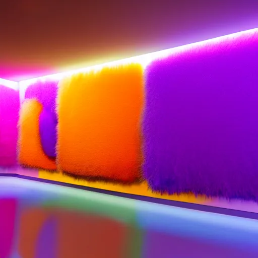 Prompt: : colorful abstract fuzzy sculpture art on the wall in modern architecture art studio soho new york, cinematic lighting, hyper - realistic, detailed, render by c 4 d octane, unreal engine, 8 k 3 d render