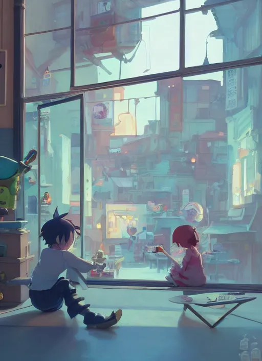 Prompt: seen through a window, robot toy shop, detailed, cory loftis, james gilleard, atey ghailan, makoto shinkai, goro fujita, studio ghibli, rim light, exquisite lighting, clear focus, soft painting, ethereal, 8 k