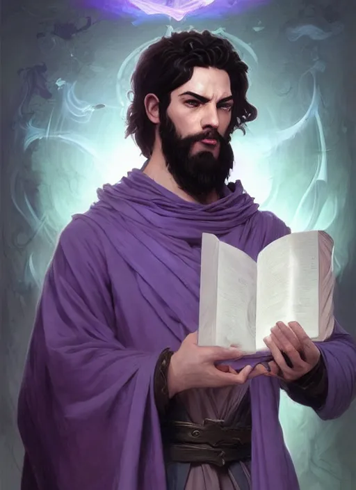 Prompt: character concept portrait of an handsome young focused Spanish wizard with pale purple skin enchanting an water spell, a floating iridescent spell book in the center, intricate, elegant, digital painting, concept art, smooth, sharp focus, illustration, from Metal Gear, by Ruan Jia and Mandy Jurgens and William-Adolphe Bouguereau, Artgerm