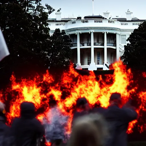 Prompt: a still candid image of hundreds of stormtropers rioting in front of a the white house in washington.!!!, dusk, fire, smoke, kayos, flames