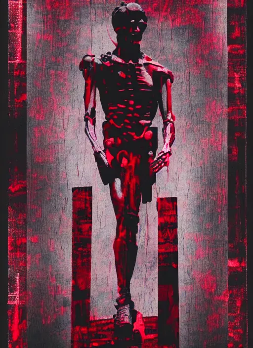 Image similar to dark design poster showing a statue of julius caesar, skeleton, black background with very subtle red and purple design elements, powerful, nekro, vito acconci, thin straight lines, dark, glitch art, neo vaporwave, gritty, layout frame, square, trending on artstation