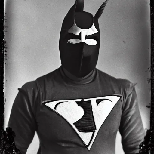 Image similar to tintype photographs of superheroes, masked wrestlers, monster hunters, technowizards