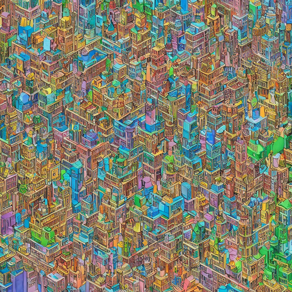 Image similar to A city made of bismuth with the structure of a wedding cake, lots of people do their work on the tiers, high definition, graphic novel art, by Richard Scarry and Genndy Tartakovsky