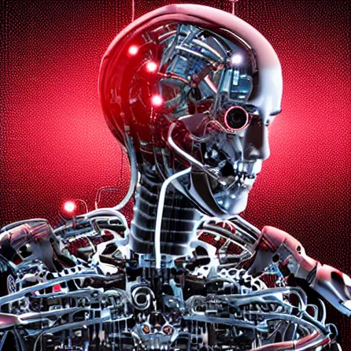 Image similar to the torso of fully a mechanical terminator man with borg implants, human face and robotic snakes coming out of his head is hanging from cables and wires off the ceiling of an futuristic computer lab and plugged into a quantum computer. His bottom half is missing with cables hanging out. resonance glowing red and white fractals, black dark background. curly blond hair pale skin. very detailed 8k. Cyberpunk horror style.