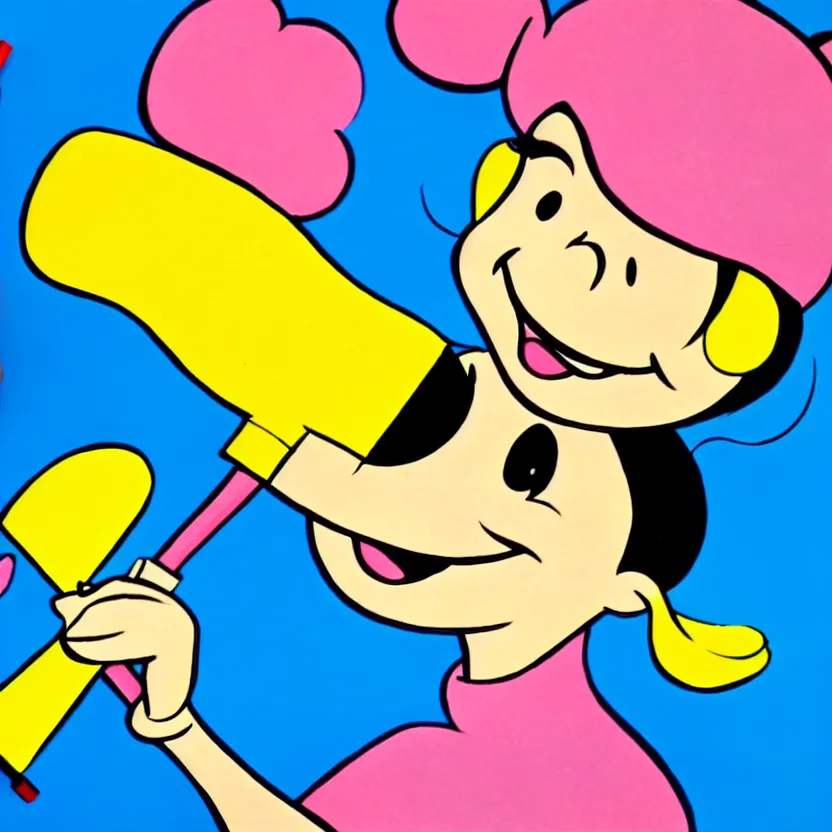 Image similar to cute logo 6 0 s cartoon art of a grinning girl holding an oversized paint brush, disney style, 4 k,