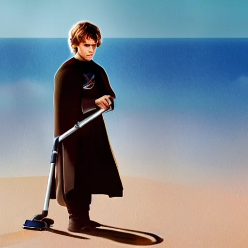 Image similar to anakin skywalker vacuuming the beach for sand, 4k, photorealistic,