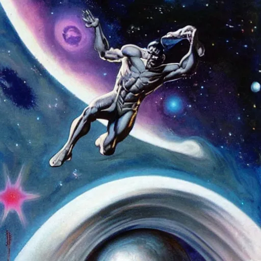 Prompt: Silver Surfer flying through space, by Frank Frazetta