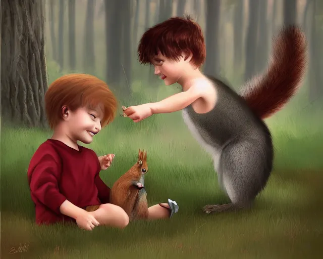 Image similar to a little boy play with a squirrel by samuel smith trending on artstation
