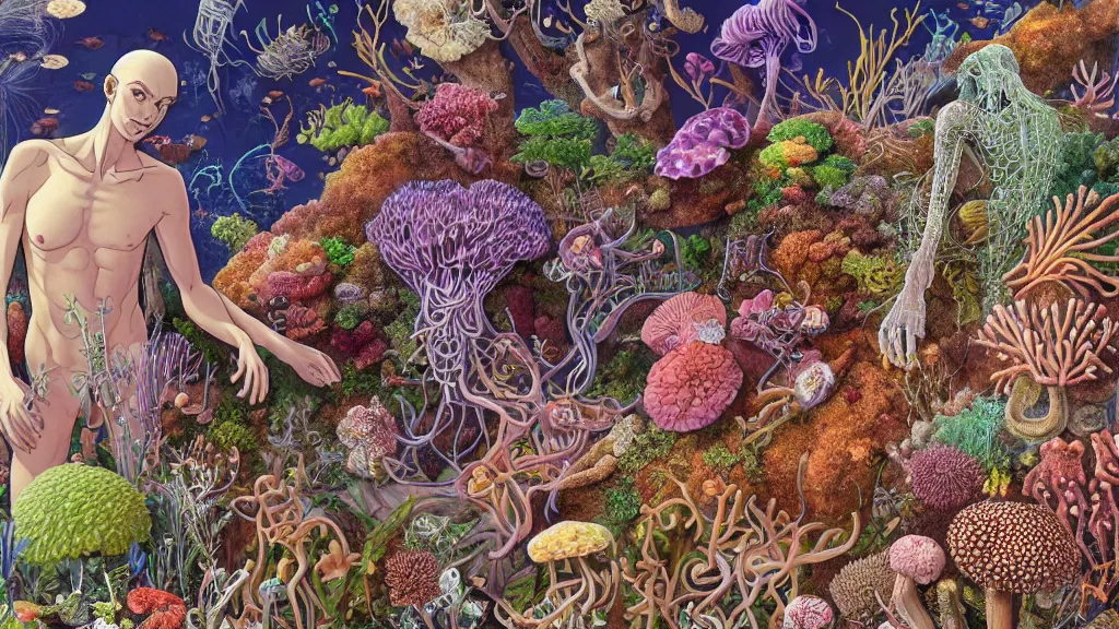 Prompt: highly detailed illustration of an anatomic human with all the known species of plants, flowers, corals, mushrooms and jellyfish by juan gatti, by makoto shinkai, by moebius!, by oliver vernon