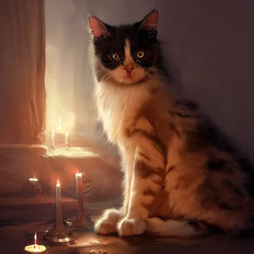Prompt: Concept art, beautiful painting of a Ragdoll cat, shining its light among candles, 8k, james gurney, greg rutkowski, john howe, artstation