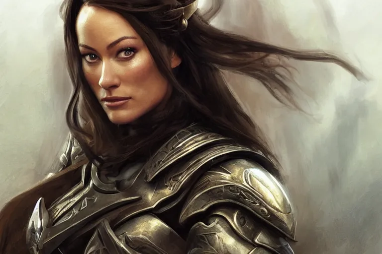 Prompt: a professional painting of Olivia Wilde clothed in military armor, olive skin, long dark hair, beautiful bone structure, symmetrical facial features, intricate, elegant, digital painting, concept art, smooth, sharp focus, illustration, from WarCraft by Ruan Jia and Mandy Jurgens and Artgerm and William-Adolphe Bouguerea