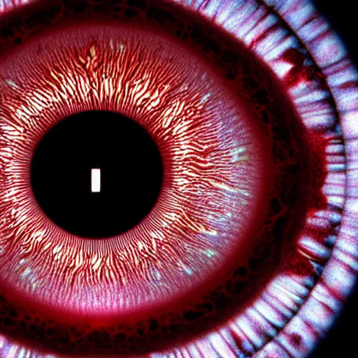 Image similar to a detailed extremely close up of inside the iris, cornea, red image, microscopic, extremely close up drawing by junji ito, cgsociety, generative art, lovecraftian, parallax, cosmic horror, extremely detailed, hyperrealism, unreal engine, octane render, award winning, masterpiece, highly detailed, realistic, 4 k, digital