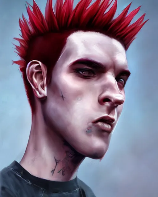 Prompt: young man with a short red mohawk, red irises and a slim face, piercings, dressed in crustpunk clothing, headshot, attractive, handsome, model, trending on artstation, high quality art, character design, realism art, award winning art, clean face, by mandy jurgens, in color, no makeup, no tattoos, no facial hair