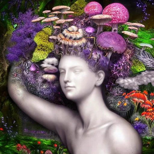 Prompt: an idealistic marble statue with classic cloth and fractal flowery hair in a fractal garden, glowing delicate flower and mushrooms that grow in a dark fatansy forest on the planet pandora,, symmetrical,