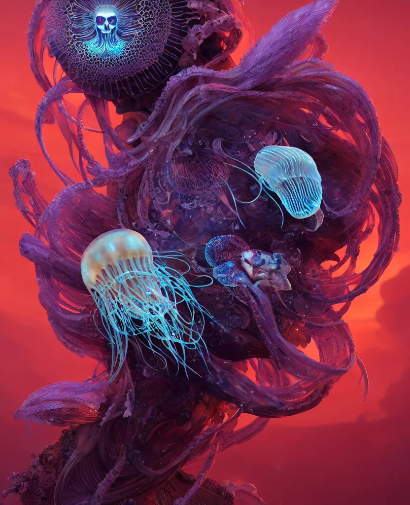 Image similar to goddess close-up portrait ram skull. jellyfish phoenix head, nautilus, orchid, skull, betta fish, bioluminiscent creatures, intricate artwork by Tooth Wu and wlop and beeple. octane render, trending on artstation, greg rutkowski very coherent symmetrical artwork. cinematic, hyper realism, high detail, octane render, 8k