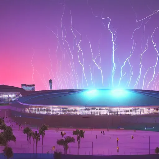 Prompt: Hockey stick with lightning bolts coming out of it. Bright lights hockey arena in the background. Digital art by Beeple