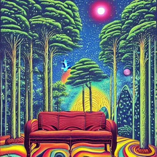 Prompt: psychedelic trippy river pine forest, planets, milky way, sofa, cartoon by rob gonsalves