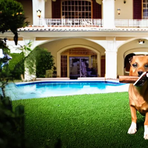 Image similar to a very detailed photo of a dog smoking a cigar outside the mansion by the pool