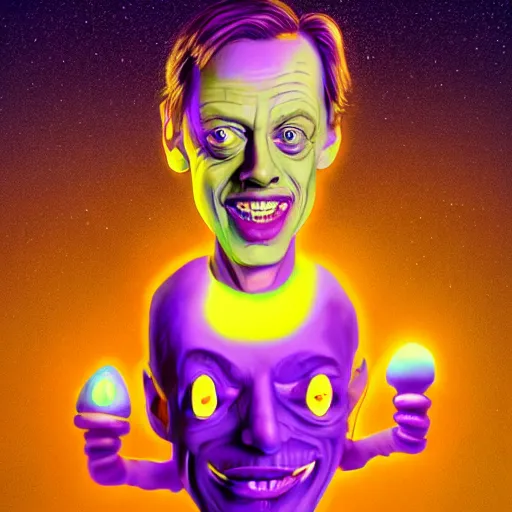 Prompt: steve buscemi as a martian alien, smiling, holding neon mushrooms, highly detailed, 8 k, trending on artstation, award - winning art,