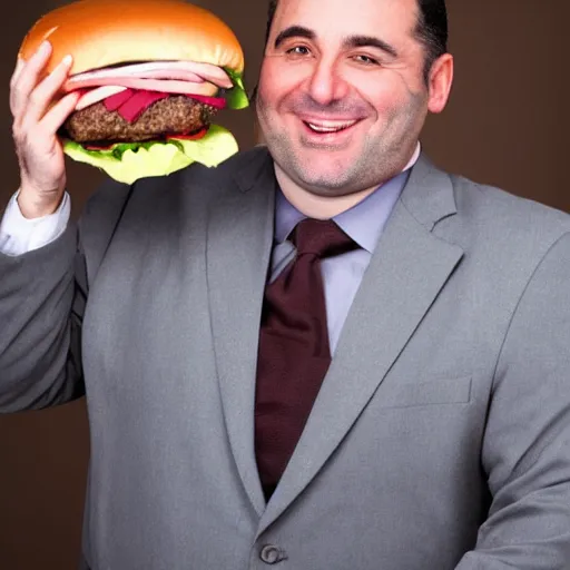 Image similar to clean - shaven smiling white chubby italian american man in his 4 0 s wearing a brown long overcoat and necktie holding a giant burger, 2 0 0 0 avertising promo shot, studio lighting