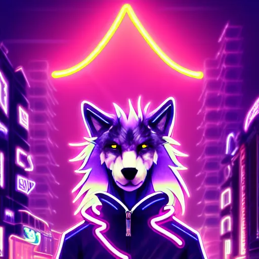 Image similar to beautiful furry digital art portrait commission of an androgynous furry anthro wolf fursona wearing punk clothes in the streets of a cyberpunk city. neon signs. character design by charlie bowater, ross tran, artgerm, and makoto shinkai, detailed, inked