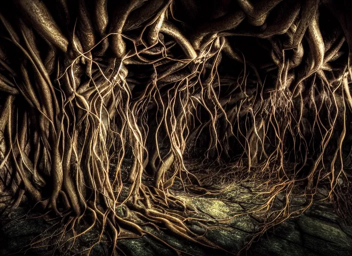 Prompt: photo of roots growing down from a ceiling in an underground cavern wrapped around an elven woman. Fantasy magic horror style. Highly detailed 8k. Intricate. Nikon d850 55mm. Award winning photography.