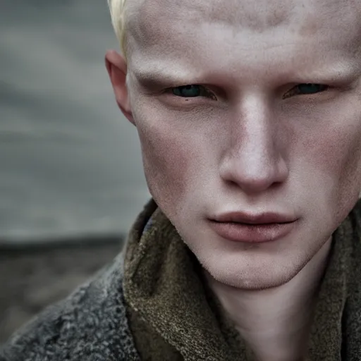 Prompt: color portrait of an albino male model by emmanuel lubezki