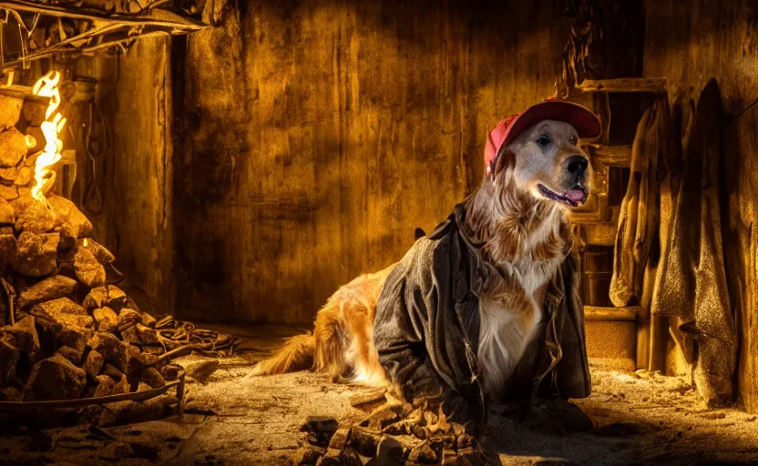 Image similar to a dirty golden retriever in a dark mine wearing a wild west hat and jacket with large piles of gold nuggets nearby, dim moody lighting, wooden supports, wall torches, stylized photo