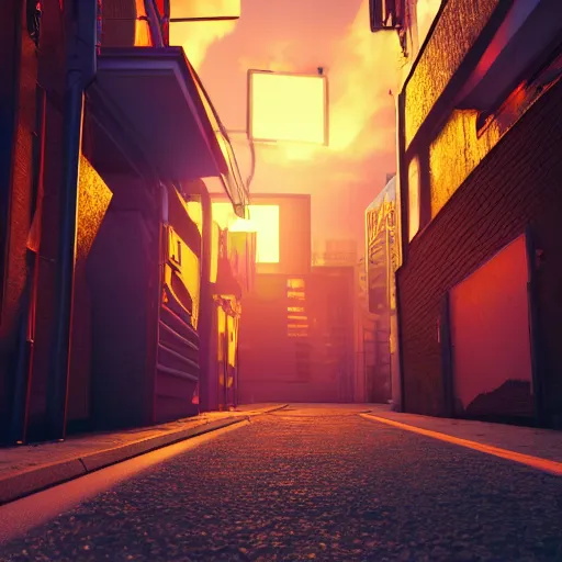 Image similar to ultradetailed 8 k hd octane render of a cyberpunk alleyway at sunset