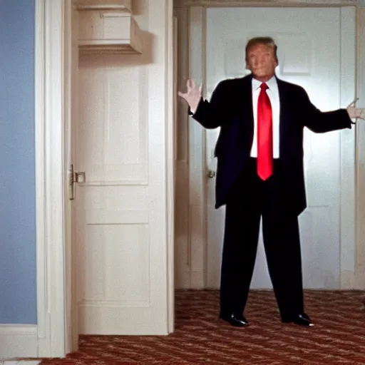Prompt: Donald Trump doing the Here's Johnny! scene in The Shining